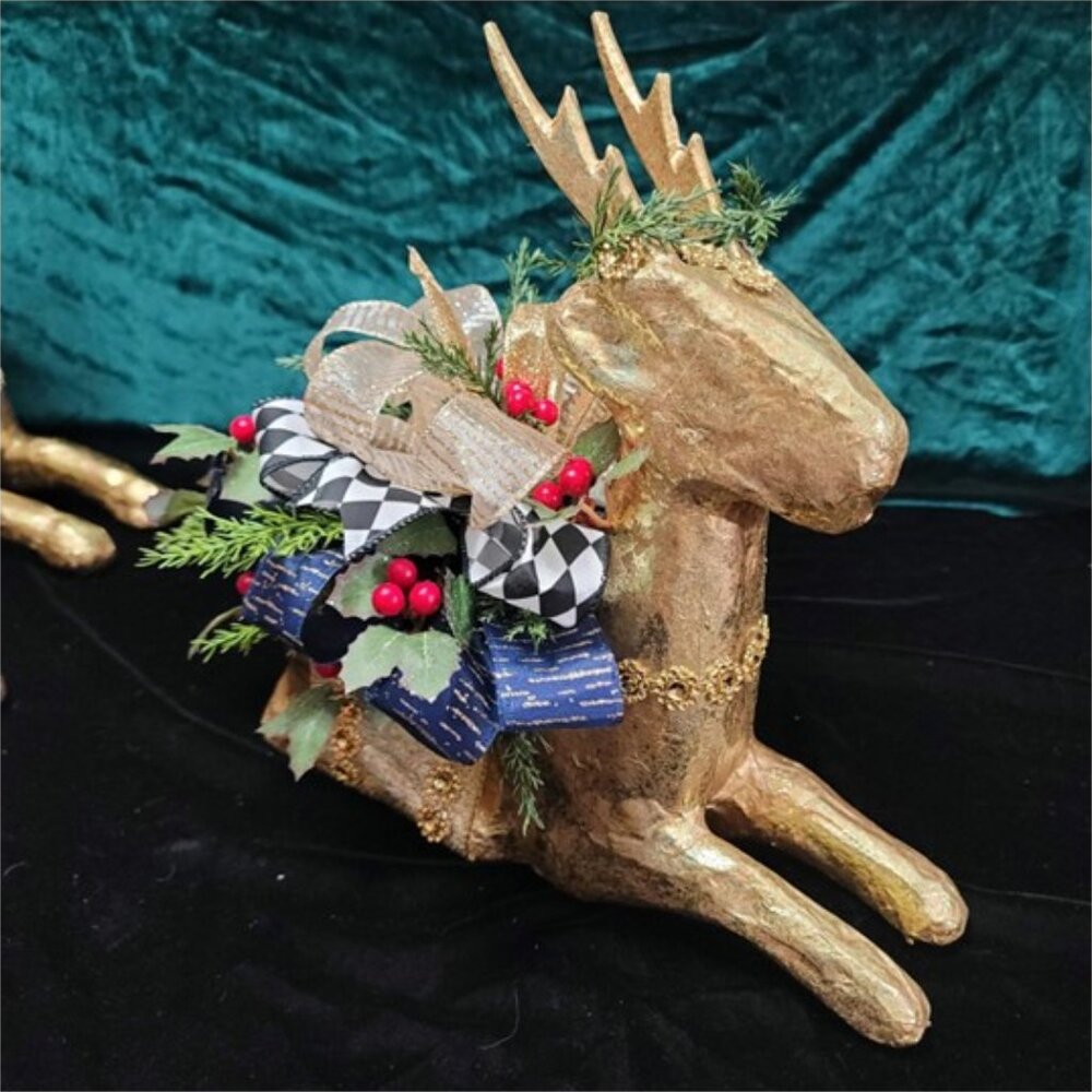 Holiday Christmas Paper Mache Deer Centerpiece, Rustic Glam BlueGold Arrangement